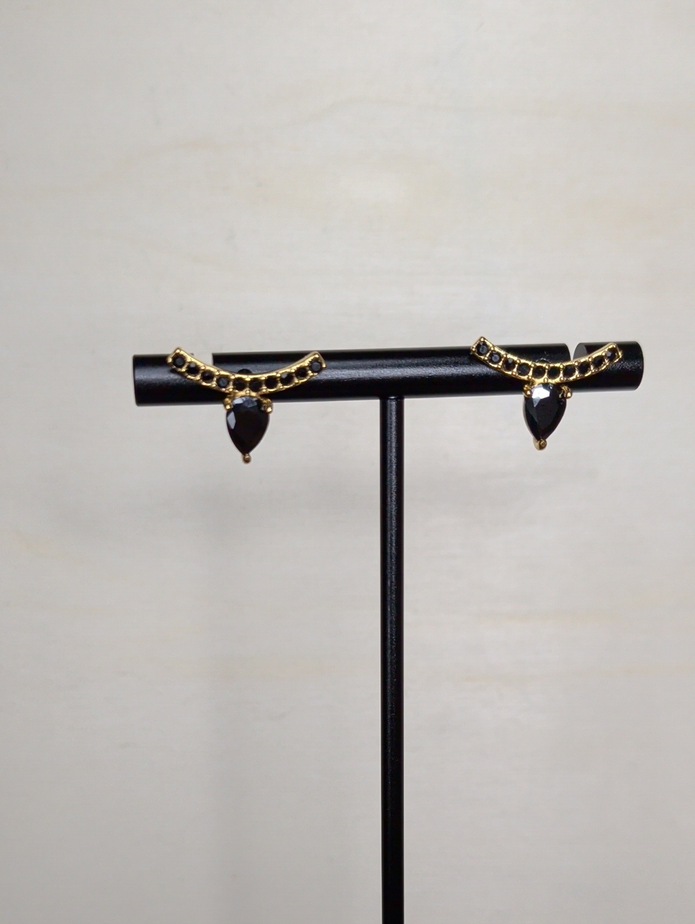18k Gold Plated Black Cubic Zirconia Teardrop Ear Climbers - Arched Studs